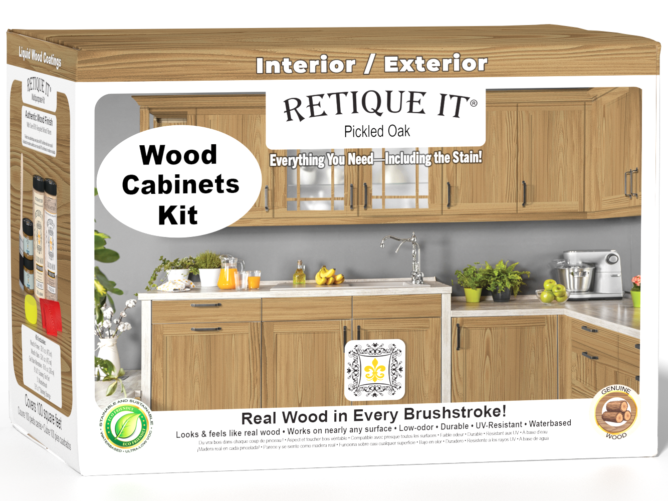 Pickled oak Wood'n Cabinet Kit with 12 grained doors by Retique It® showing assembled cabinets with wood grain finish and stain details.