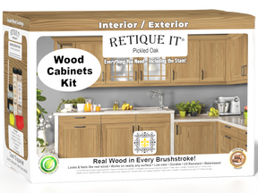 Pickled oak Wood'n Cabinet Kit with 12 grained doors by Retique It® showing assembled cabinets with wood grain finish and stain details.