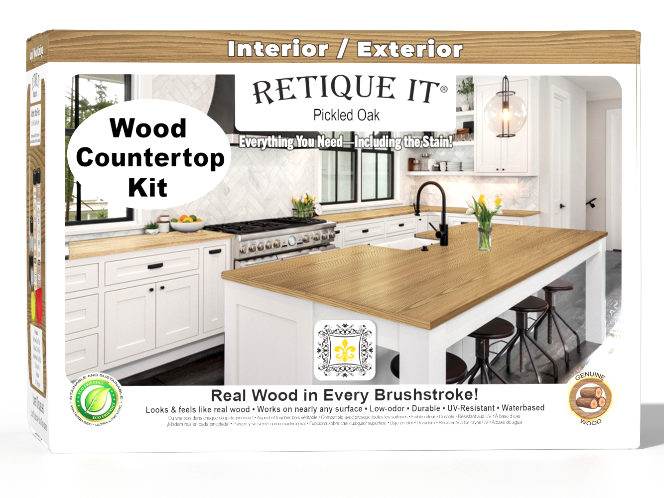 Full kitchen countertop kit in Pickled Oak stain by Retique It® featuring stain containers and application tools.