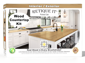 Full kitchen countertop kit in Pickled Oak stain by Retique It® featuring stain containers and application tools.