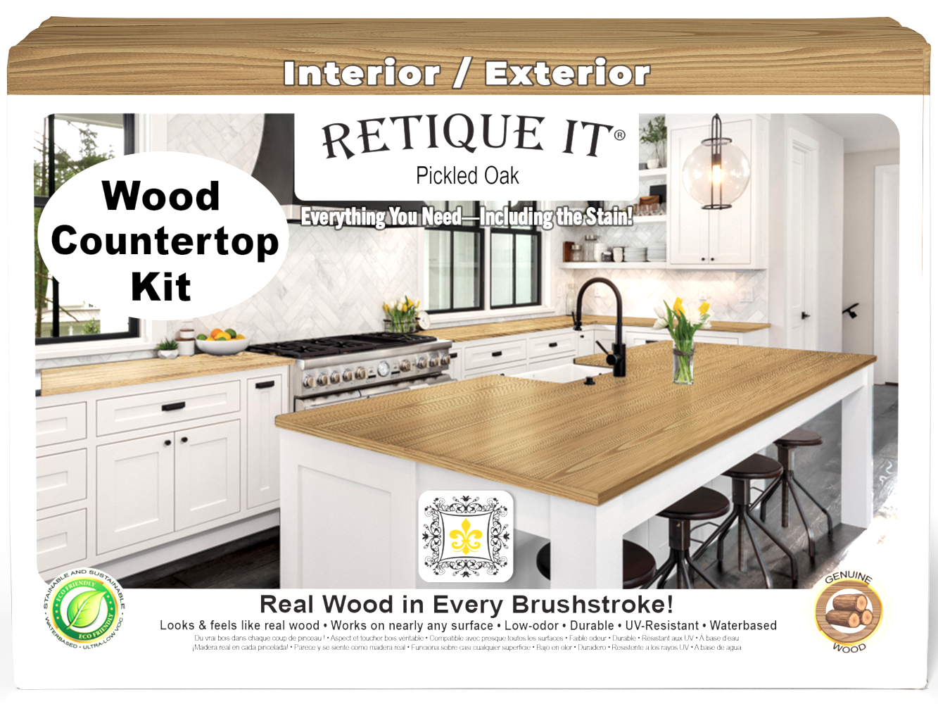 Retique It® pickled oak countertop kit stain, showing a full kitchen countertop with wood grain finish and natural wood tones.