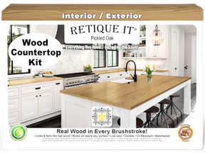 Retique It® pickled oak countertop kit stain, showing a full kitchen countertop with wood grain finish and natural wood tones.