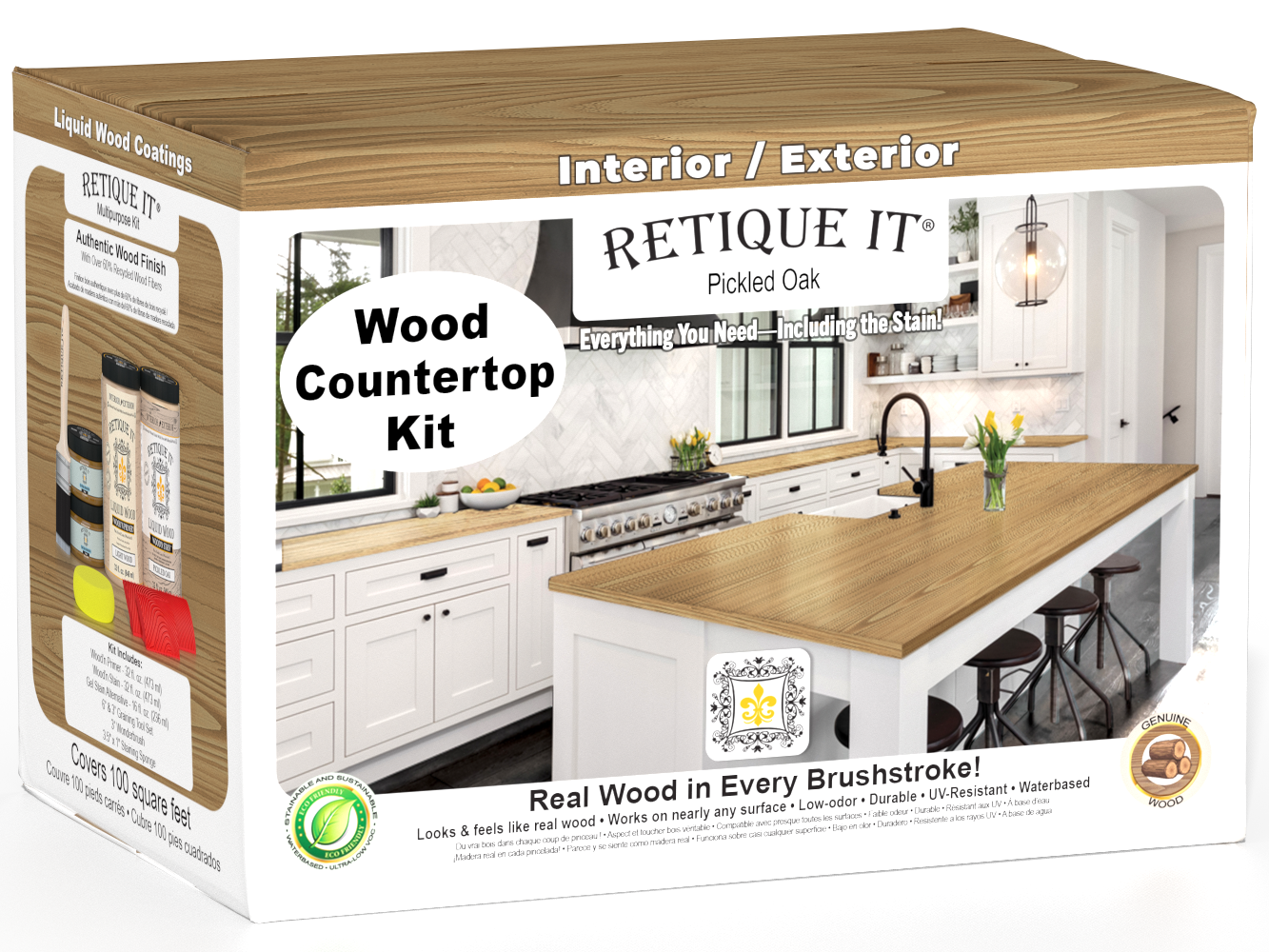 Retique It® pickled oak countertop kit for full kitchen renovation, featuring stain application and natural wood finish.