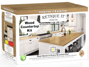 Retique It® pickled oak countertop kit for full kitchen renovation, featuring stain application and natural wood finish.