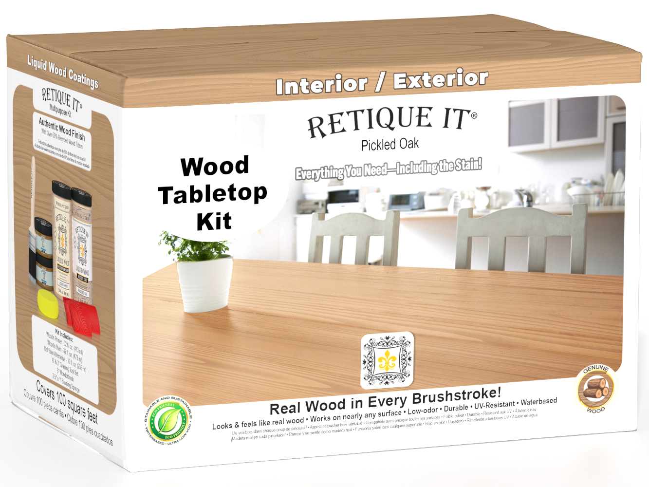 Retique It® Wood'n Finish Kit in Pickled Oak with four large stain bottles for tabletop wood finishing projects.