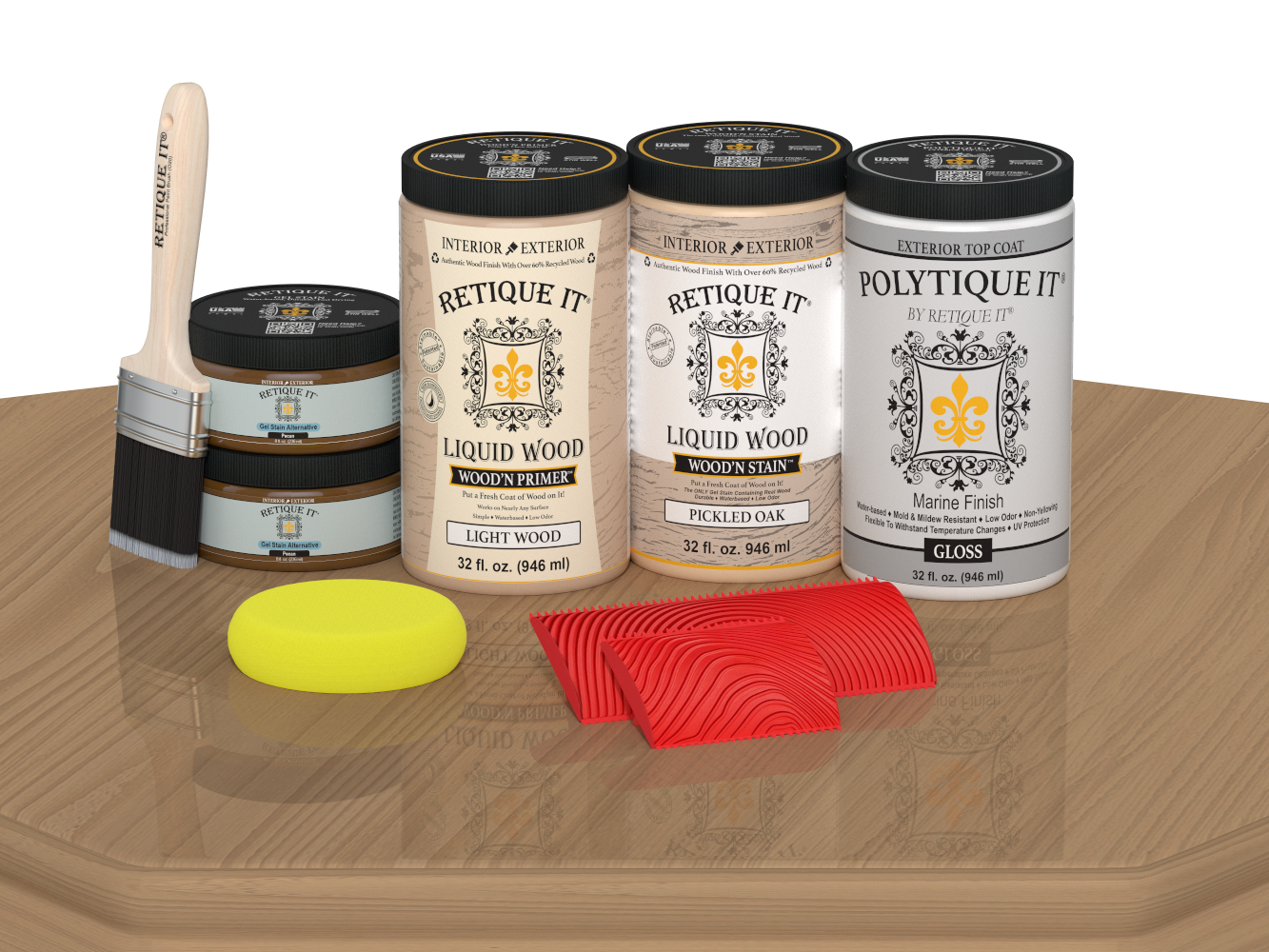 Retique It® Wood'n Finish Front Door Kit in Pickled Oak stain, featuring a double door with glossy finish, displayed on a table.