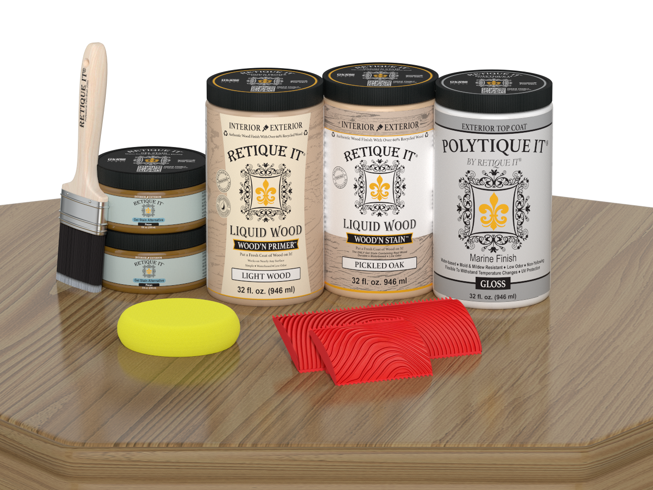 Large Retique It Wood'n Kit in Pickled Oak finish with gloss exterior top coat, including brushes and finishing tools.