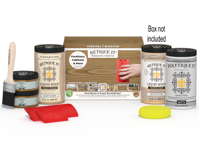 Large Multi-purpose Wood'n Kit by Retique It featuring Pickled Oak exterior top coat and finishing supplies in a box.