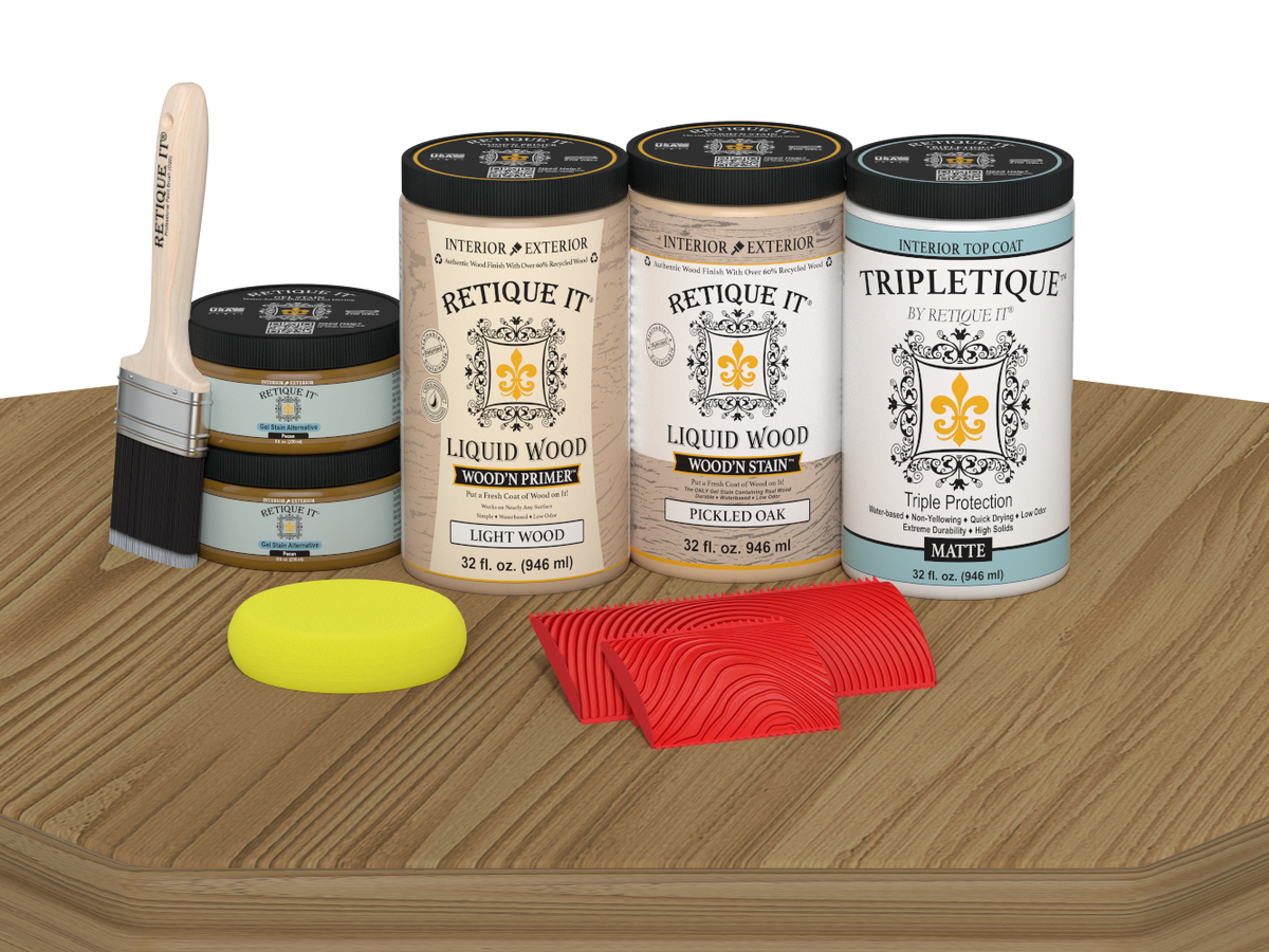Large Pickled Oak Wood'n Finish Kit by Retique It for interior top coat, featuring wood finish and application tools.
