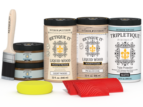 Retique It® Wood'n Finish Kit with four large pickled oak stain bottles for wood furniture and craft projects.