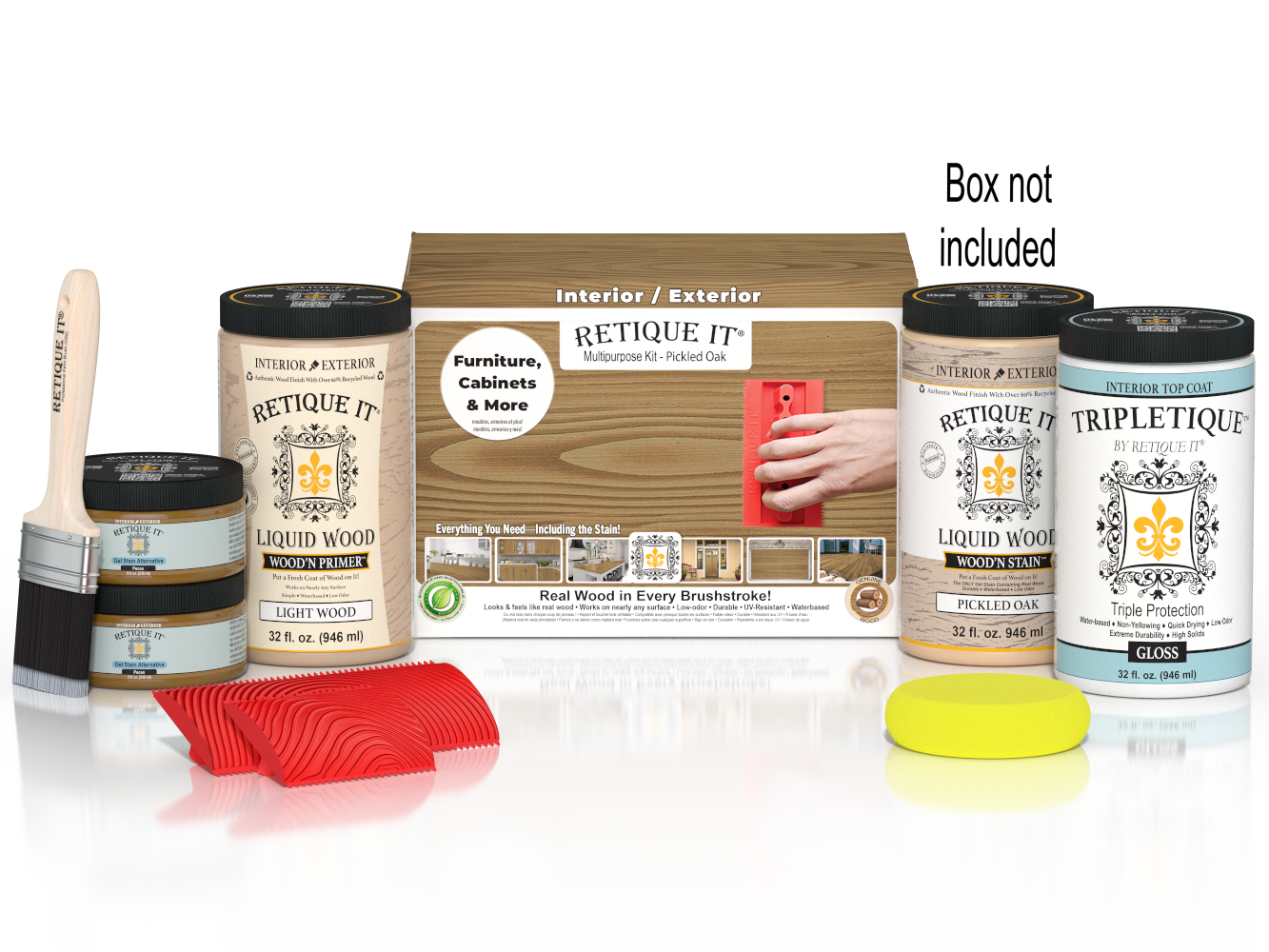 Large Retique It® Wood'n Finish Kit in Pickled Oak with exterior top coat, includes brushes and tools for wood finishing.