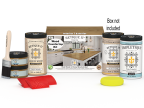 Retique It® pickled oak countertop kit showing stained wooden surface with tools and materials for full kitchen countertop renovation.