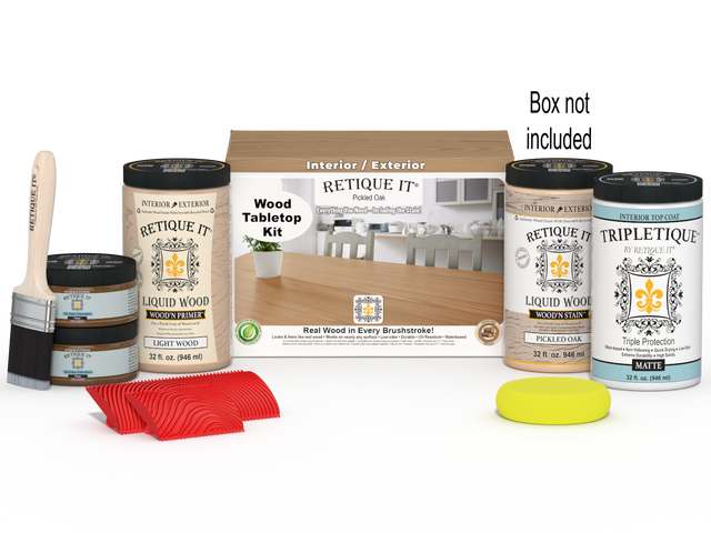 Retique It Wood'n Finish Kit for tabletops, pickled oak stain, includes four large staining bottles with application box.