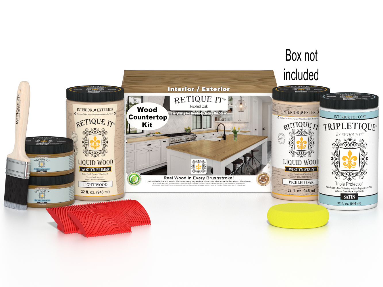 Retique It® Pickled Oak countertop stain kit featuring stain bottles and application tools for full kitchen countertop refinishing.