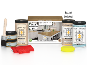 Retique It® Pickled Oak countertop stain kit featuring stain bottles and application tools for full kitchen countertop refinishing.