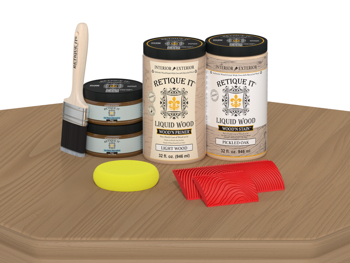 Retique It® Wood'n Cabinet Kit with 12 pickled oak stained doors and grained finish, ideal for cabinet renovation.