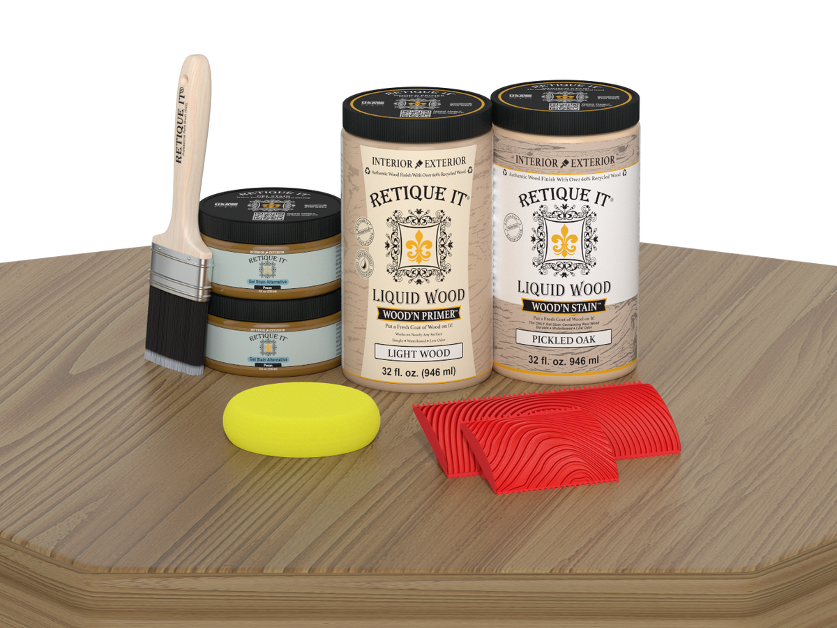 Retique It Wood'n Cabinet Kit in Pickled Oak stain with 12 grained wooden cabinet doors, showcasing natural wood texture.