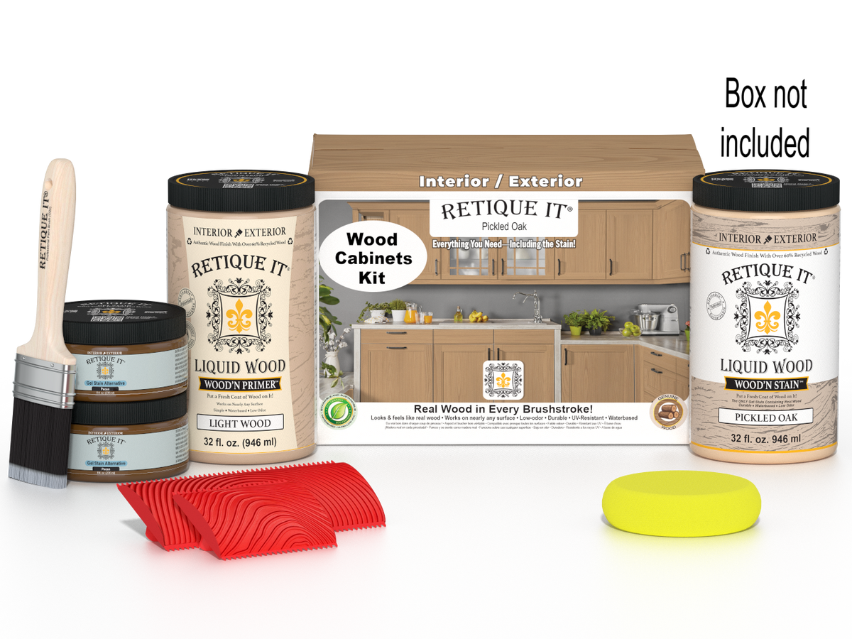 Retique It Wood'n Cabinet Kit with 12 pickled oak grained cabinet doors and stain options, showcasing natural wood textures.