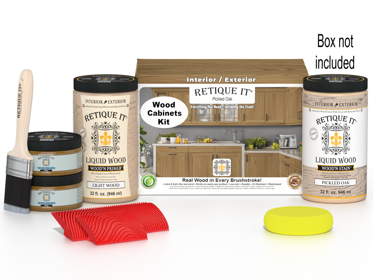 Retique It® Wood'n Cabinet Kit with 12 pickled oak stained grained cabinet doors and matching box for DIY furniture projects.