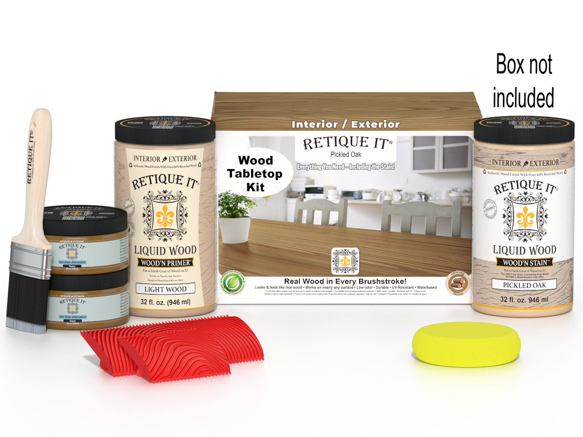 Retique It® Wood'n Finish Kit with four large pickled oak stain samples for tabletops, showcasing wood stain options.