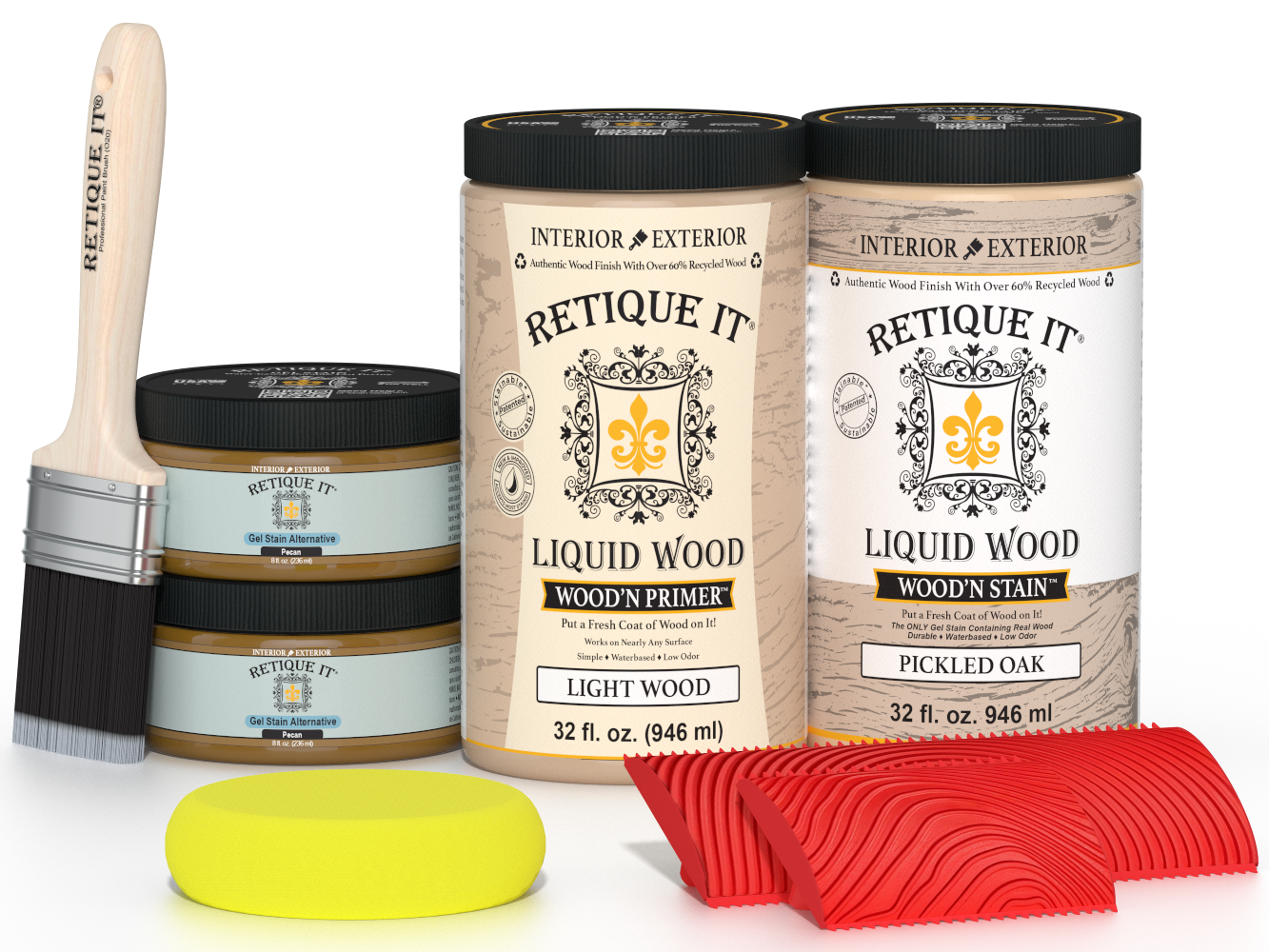 Large Wood'n Kit by Retique It® in Pickled Oak finish, featuring multiple wood finishing tools and supplies for furniture refinishing.