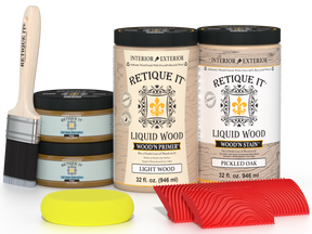 Large Wood'n Kit by Retique It® in Pickled Oak finish, featuring multiple wood finishing tools and supplies for furniture refinishing.