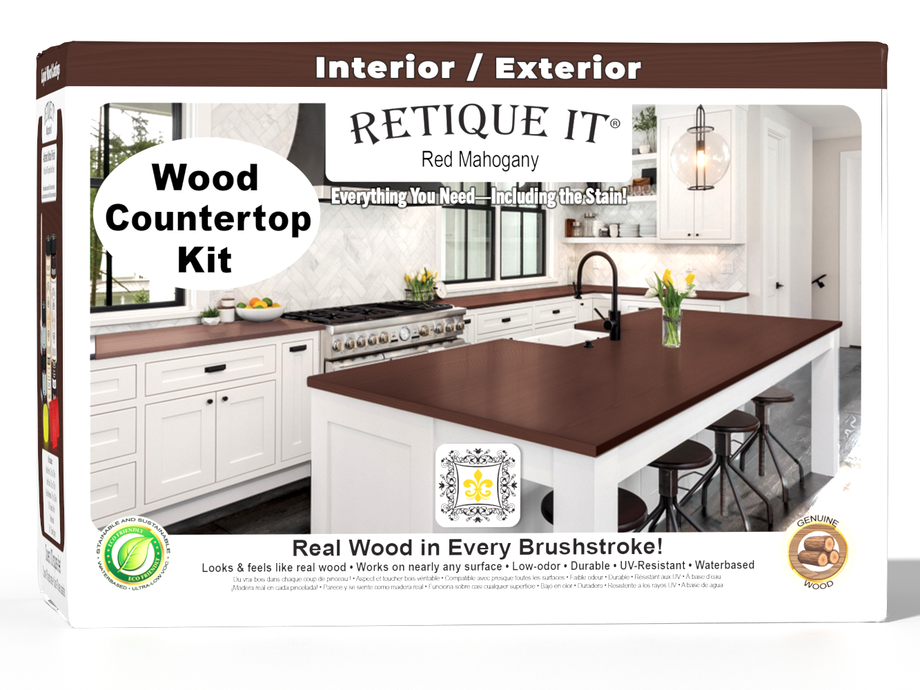 Retique It® red mahogany countertop stain kit with stains and tools, displayed in a box for full kitchen countertop renovation.