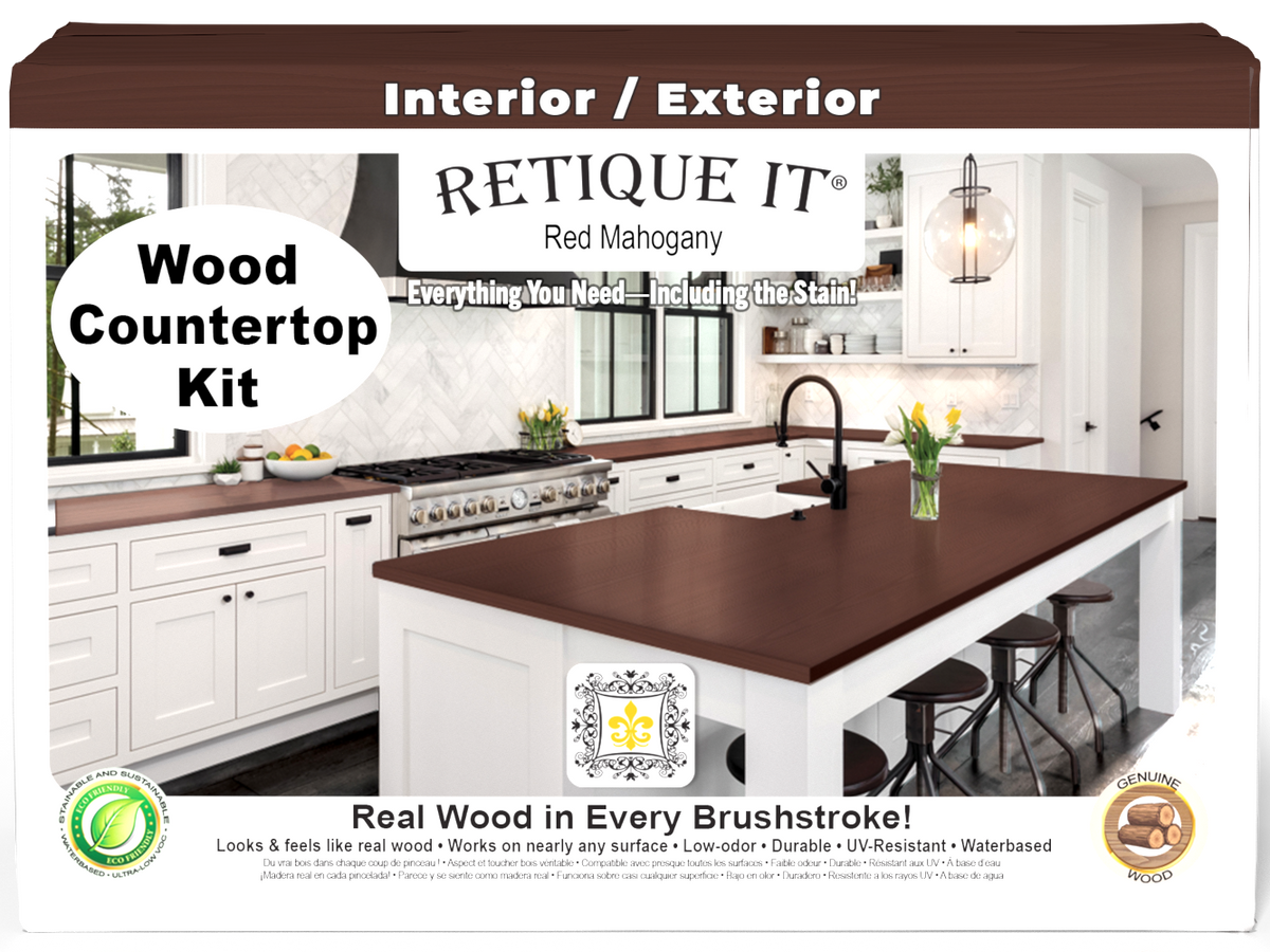 Retique It® red mahogany countertop kit featuring stain application and wood finish for full kitchen renovation.