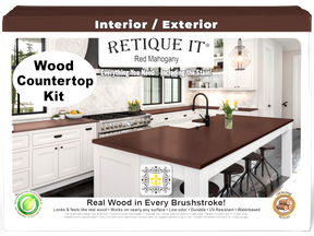 Retique It® red mahogany countertop kit for full kitchen, showing stained wooden surface with rich red finish.