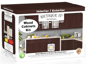 Retique It® Wood'n Cabinet Kit with 12 red mahogany stained grained cabinet doors, showcasing natural wood texture and rich color.