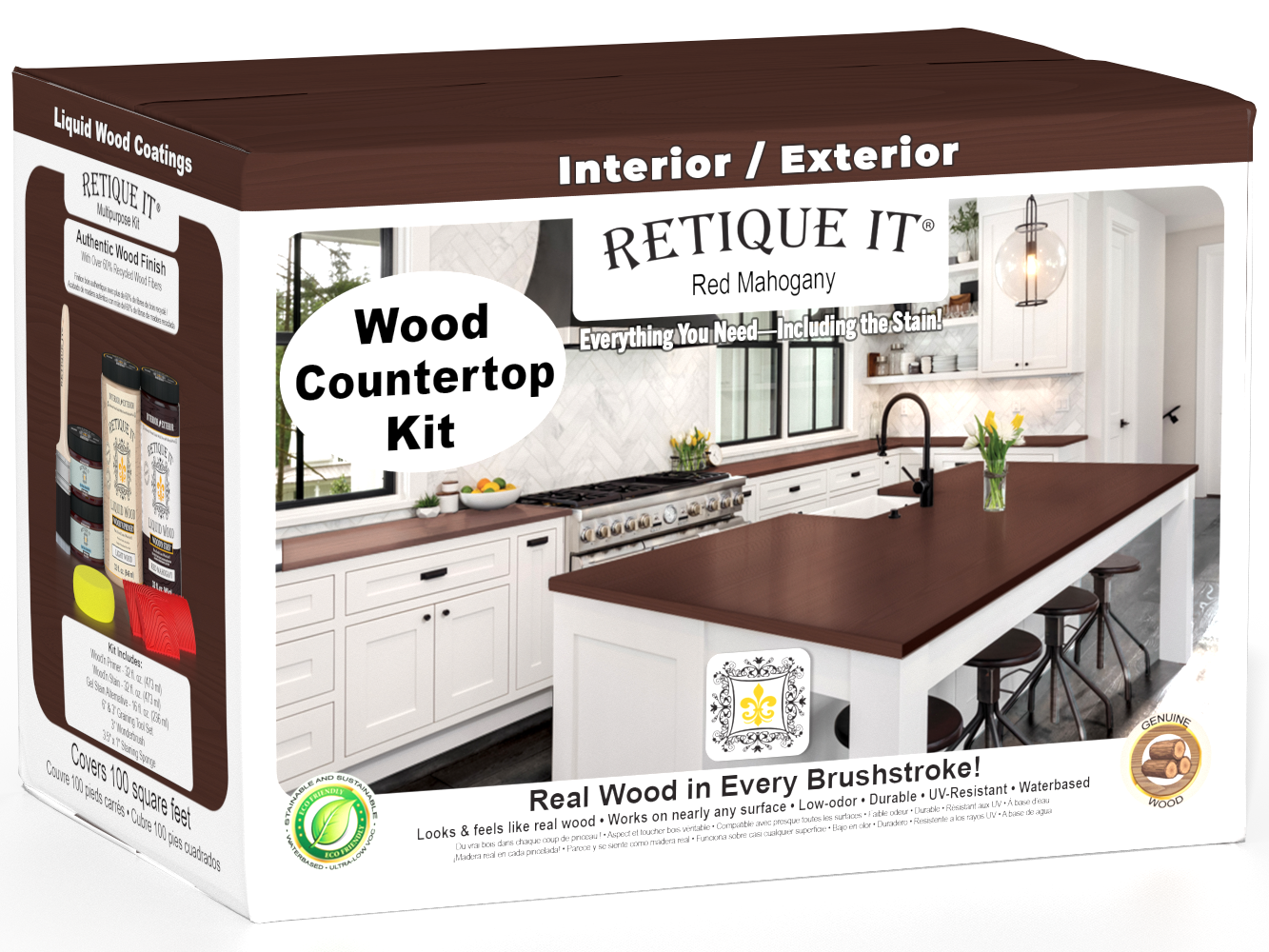 Retique It® Red Mahogany countertop kit with stains, featuring a full kitchen setup on a modern countertop surface.