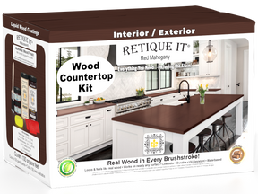 Retique It® Red Mahogany countertop kit with stains, featuring a full kitchen setup on a modern countertop surface.