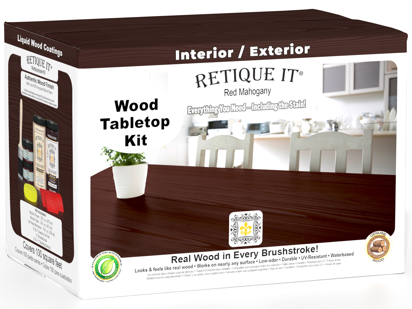 Retique It® Wood'n Finish Kit with four large red mahogany stain bottles, ideal for tabletop wood finishing projects.
