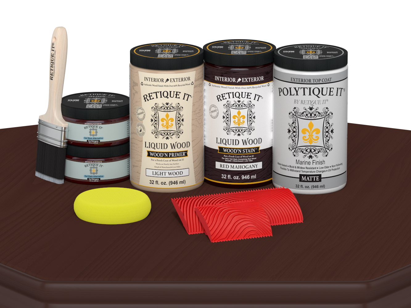Large Red Mahogany Wood'n Finish Kit by Retique It® with matte exterior top coat for wood projects.