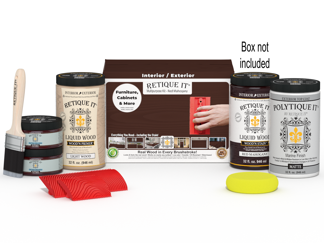 Large Red Mahogany Wood'n Finish Kit by Retique It® with exterior top coat, includes brushes and accessories in a box.