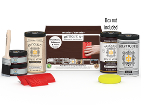 Large Red Mahogany Wood'n Finish Kit by Retique It® with exterior top coat, includes brushes and accessories in a box.