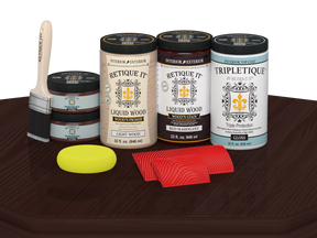 Retique It® Wood'n Finish Kit for tabletops, includes four large red mahogany stain bottles with glossy finish.