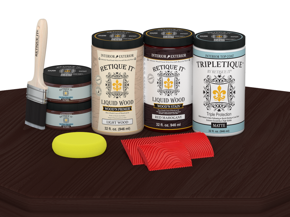 Retique It® Red Mahogany countertop stain kit for full kitchen, matte finish on a wooden surface.