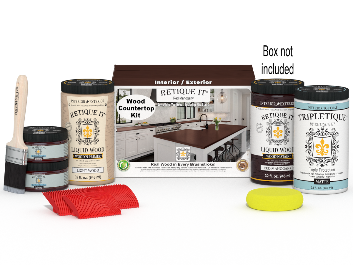 Retique It® Red Mahogany countertop kit stain with a sealed box, designed for full kitchen countertops.