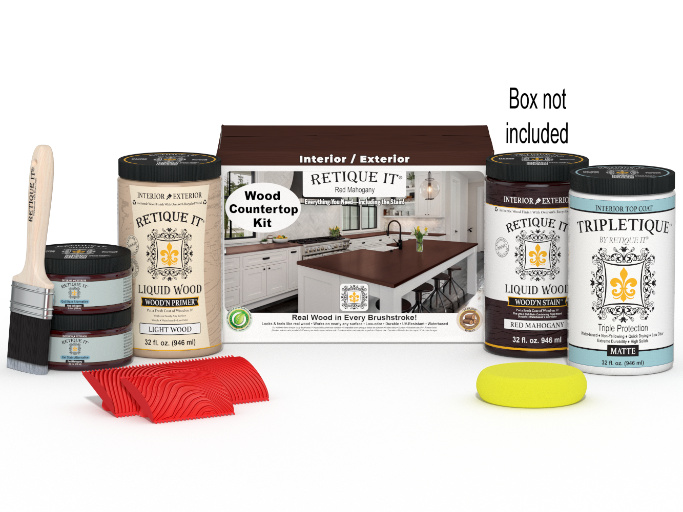 Retique It® red mahogany countertop kit with stain and tools for full kitchen surface renovation.