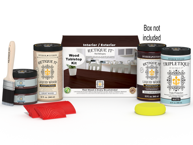 Retique It Wood'n Finish Kit for tabletops, includes four large red mahogany stain bottles with applicator box.