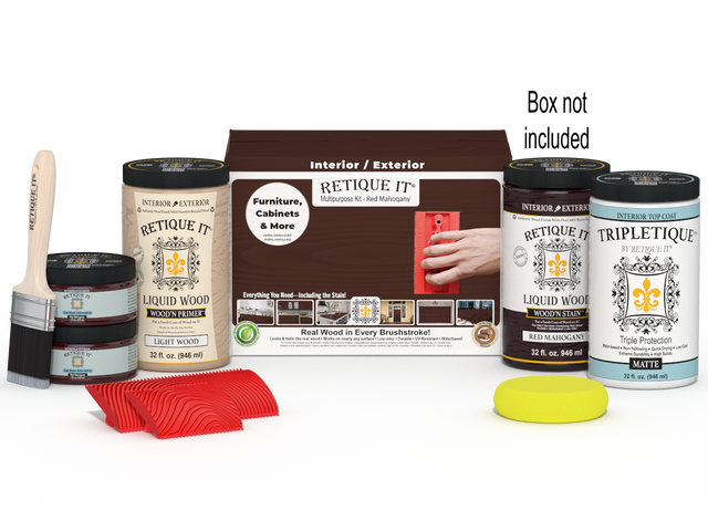 Large Retique It Wood'n Finish Kit in Red Mahogany with interior top coat, includes application tools and finishing supplies.