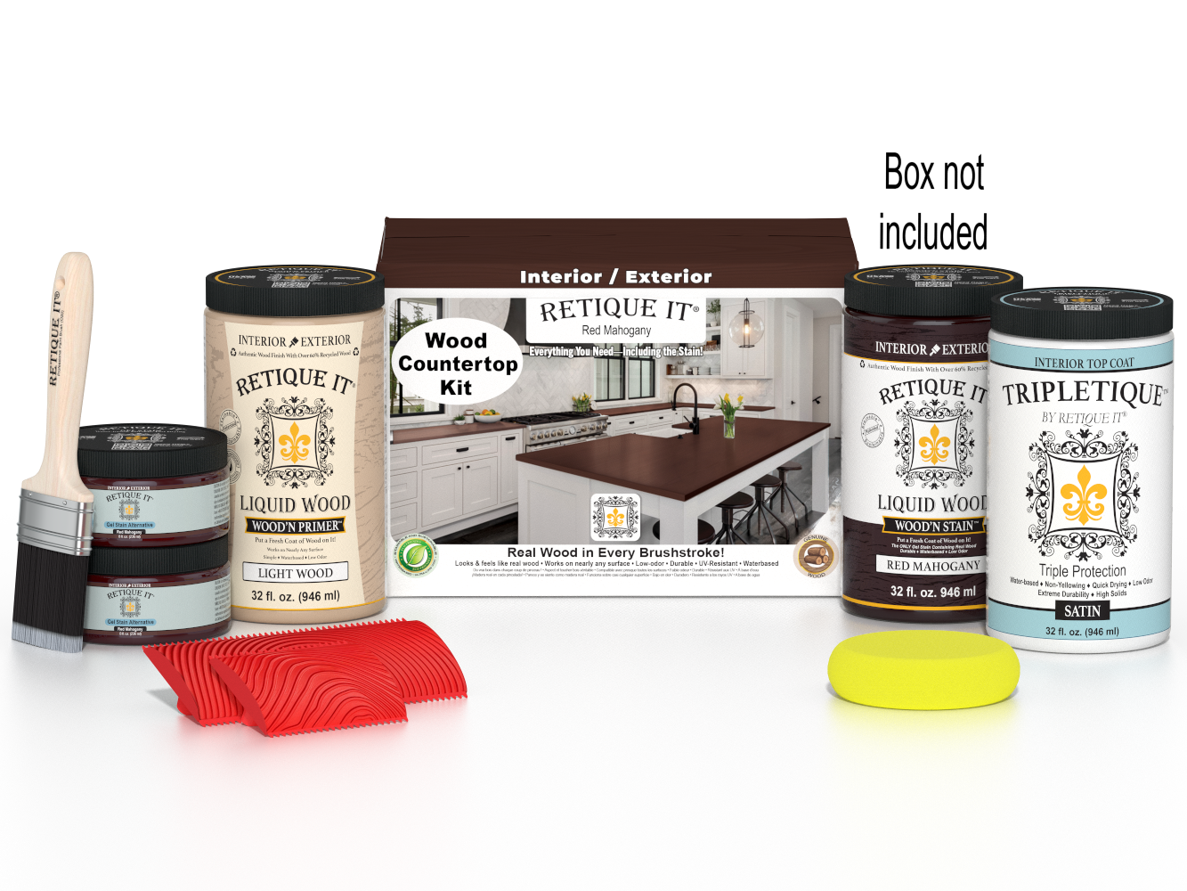 Retique It® red mahogany countertop kit with stains, featuring a full kitchen setup and a box of supplies on a countertop.