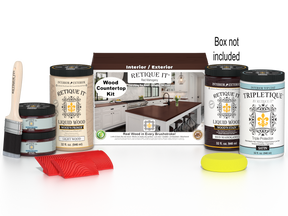 Retique It® red mahogany countertop kit with stains, featuring a full kitchen setup and a box of supplies on a countertop.