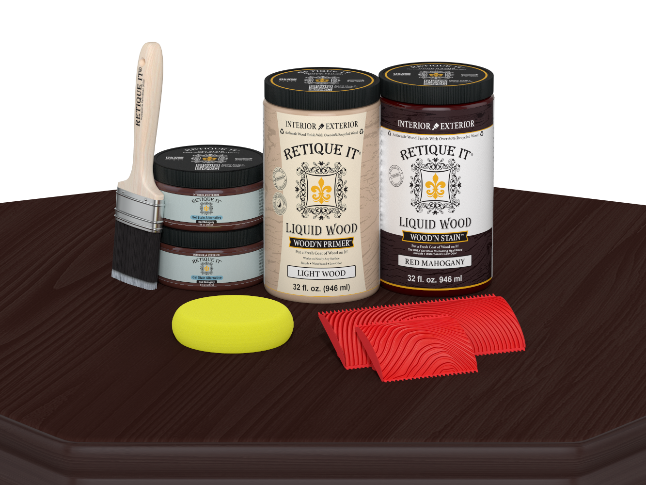 Retique It® Wood'n Finish Front Door Kit in Red Mahogany stain, featuring a double door with stain application on a table.