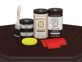 Retique It® Wood'n Finish Front Door Kit in Red Mahogany stain, featuring a double door with stain application on a table.