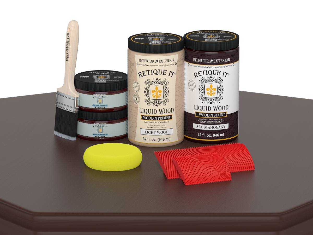 Retique It® Wood'n Cabinet Kit with 12 red mahogany grained stain doors and wood grain texture for kitchen cabinets.