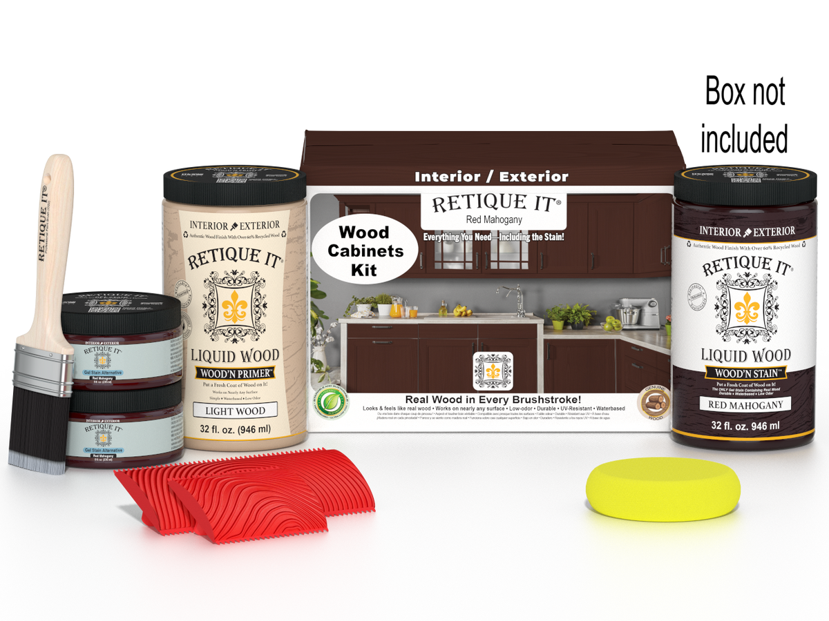 Retique It® Wood'n Cabinet Kit with 12 red mahogany grained stain doors, ideal for kitchen or bathroom cabinetry.