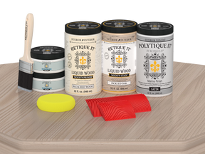 Large Sun Bleached Wood'n Finish Kit by Retique It® with satin top coat, featuring wood care tools and supplies on a table.