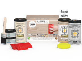 Large Sun Bleached Wood'n Finish Kit by Retique It® for exterior top coating, includes brushes and application tools in the box.